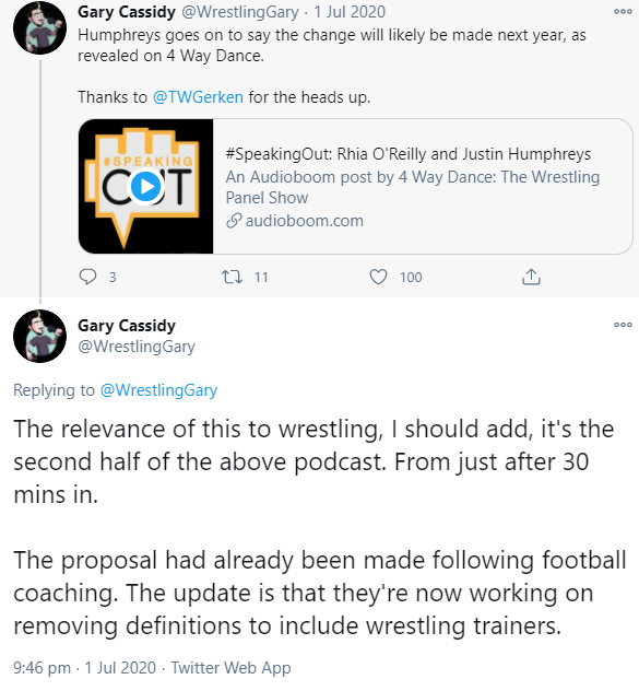 - A proposed UK law that would close a loophole around football trainers being able to have sexual relationships with students between the ages of 16-18 is set to be amended following Speaking Out to also cover pro wrestling trainers. It's said to be coming in 2021.