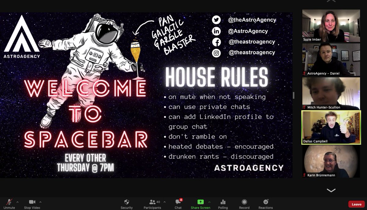 theAstroAgency's tweet photo. A great start to our first #SpaceBar of 2021, come and join @dallascampbell & @SuzieImberSpace for some online space debate and discussion!
It's all happening on the asteroid mining discussion right now!
Space financing up next...π
#SpaceNetworking
#PositiveIsolation https://t.co/T9Vb6SY5Kh