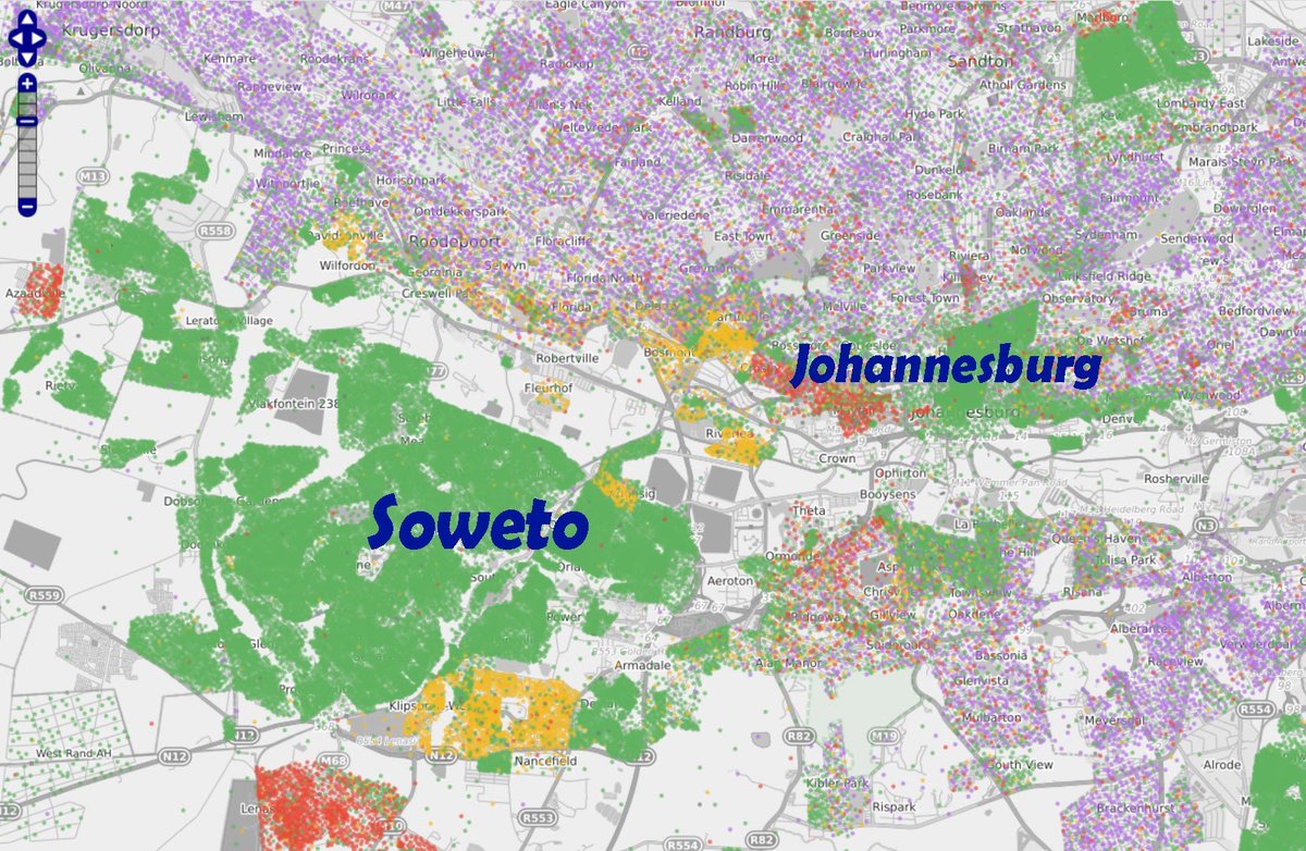 10/25 Look at the map. Jo’burg was meant to be a White area. However, the need for Black workers in the mines and elsewhere created non-White townships. See on the map the large presence of Black Africans in and around the city. (1 green dot = 5000 Black Africans)