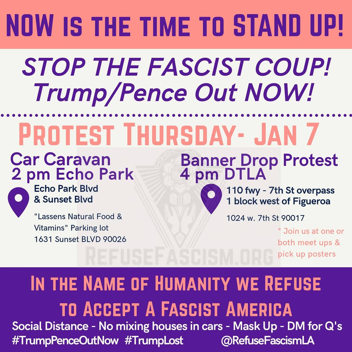 PressRefuseLA's tweet image. #CarCaravan, meet in “Lassens Natural Food and Vitamins”
#EchoPark Blvd &amp;amp; Sunset Blvd.
Drive or meet for a #BannerDrop at 4pm 7th St overpass of 110 Freeway (one block west of Figueroa in #DTLA)

Press Release: madmimi.com/p/aba9c11?pact…