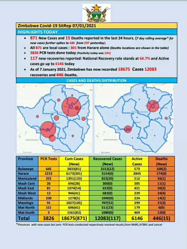 COVID-19 update: As at 07 January 2021, Zimbabwe had 18 675 confirmed cases, including 12 083 recoveries and 446 deaths.