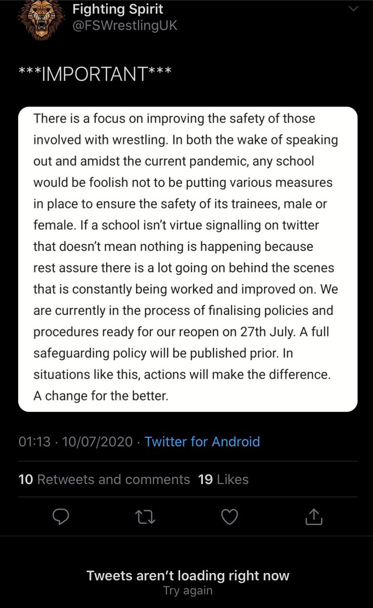 - Fighting Spirit puts out a vague statement regarding their safeguarding polices in which they mention how they're not "virtue signalling on twitter". The statement is deleted soon afterwards & is a clear indicator of what some UK promoters think of Speaking Out.