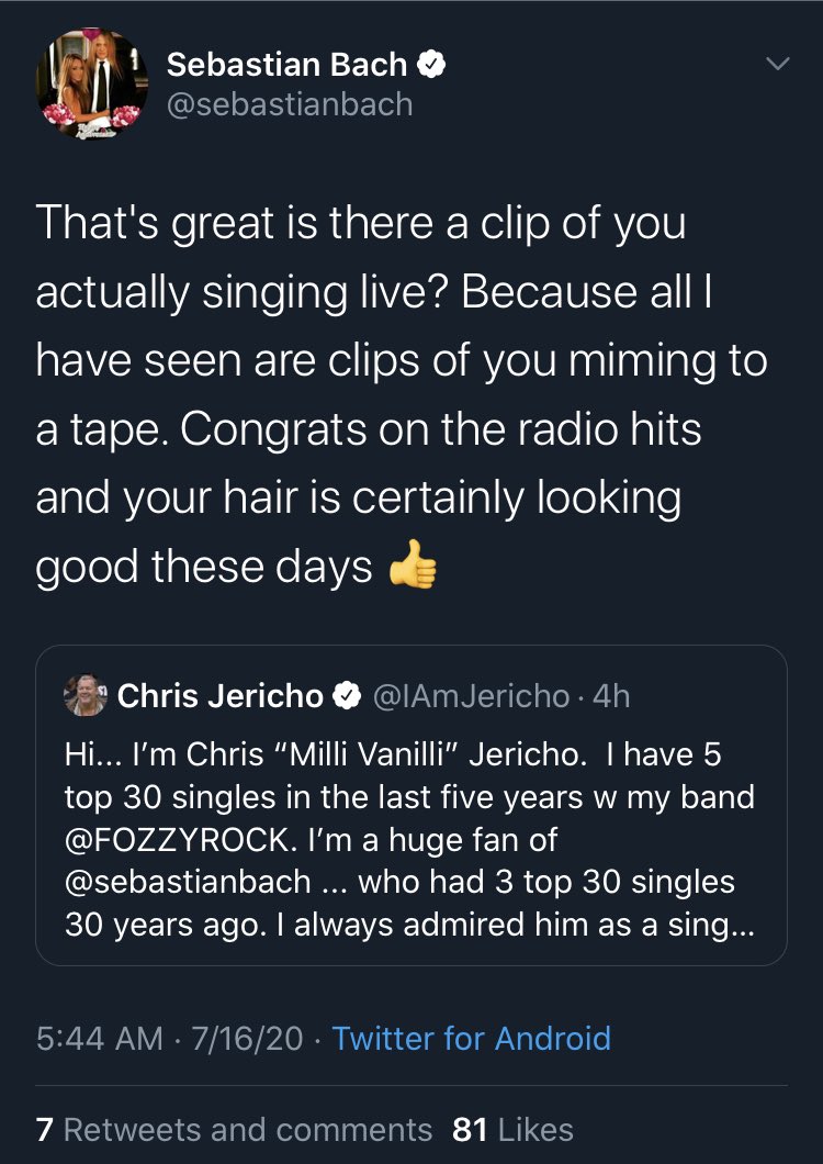 - Chris Jericho gets into a back and forth with Sebastian Bach, where the Skid Row frontman ruthlessly owns Jericho by mocking his hair and his habit of miming songs at gigs.