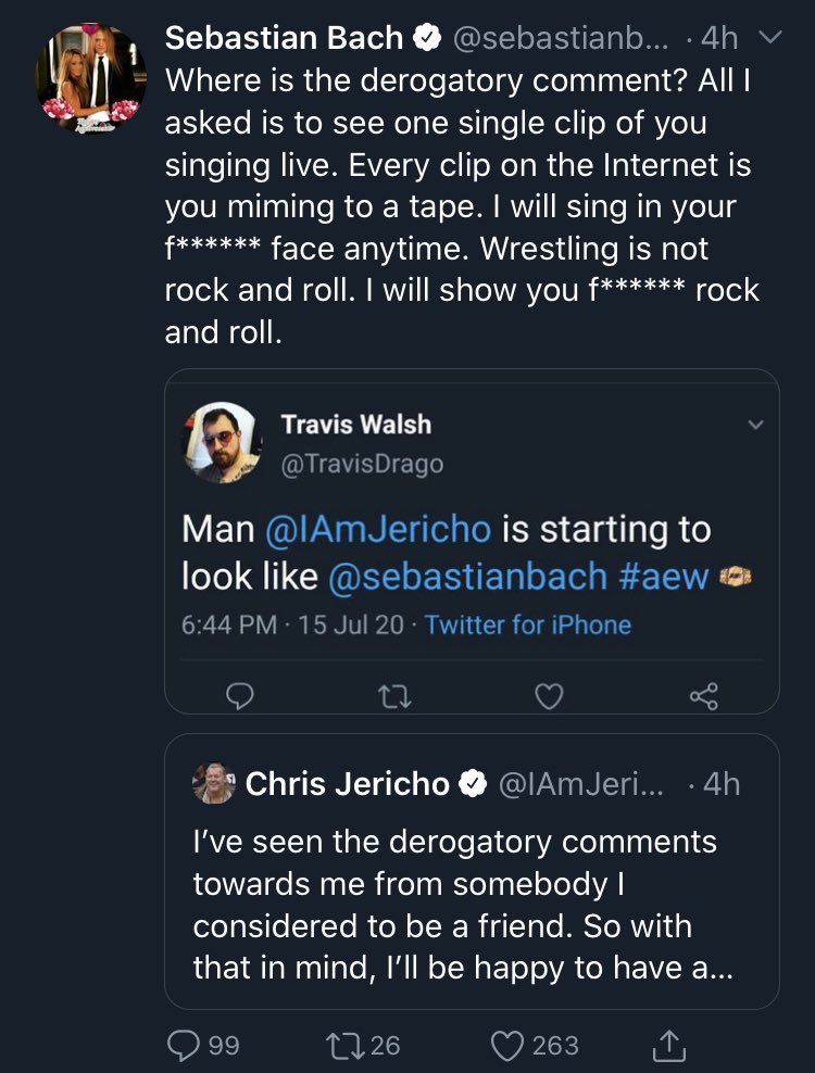 - Chris Jericho gets into a back and forth with Sebastian Bach, where the Skid Row frontman ruthlessly owns Jericho by mocking his hair and his habit of miming songs at gigs.