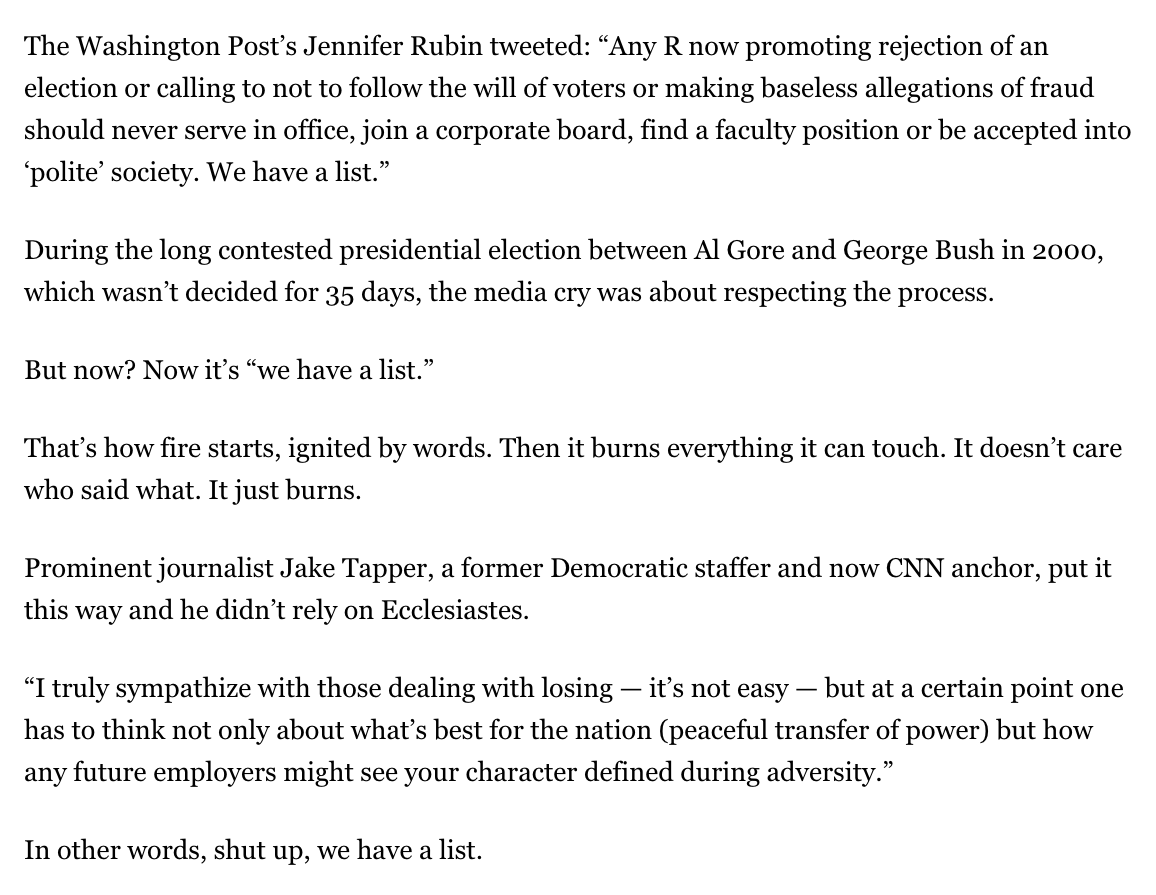 Kass quoted WaPo's Jennifer Rubin and CNN's Jake Tapper noting that baselessly, dangerously claiming the election was stolen would reflect poorly on one's character in the future. Kass implied that was McCarthyism. Their statements have aged well; his hasn't.