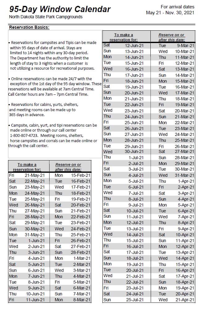 CAMPSITE RESERVATIONS - February 15. This is the first day for which you can start making reservations for the 2021 season! Reservations can be made 95 days prior to arrival; On Feb 15 you can reserve for a ⛺️May 21 arrival. 
View 95 Day calendar at bit.ly/95daycalendar