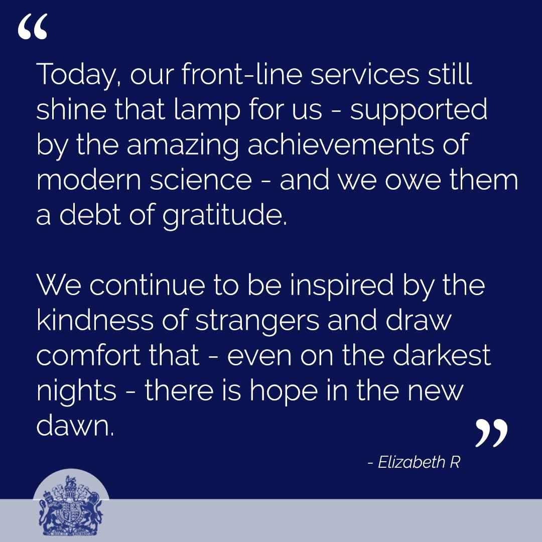 The Queen’s words from her recent Christmas Broadcast.
Thank you to everyone who continues to play a part to help others during the pandemic, from NHS staff and key workers to those helping friends and neighbours during this difficult time.
#ClapforHeroes https://t.co/IdTS3IwGO2