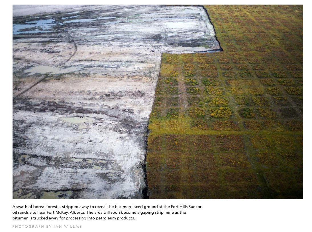 The right is Alberta's boreal forest. The left is what it looks like when they strip it for the bitumen. via  @NatGeo