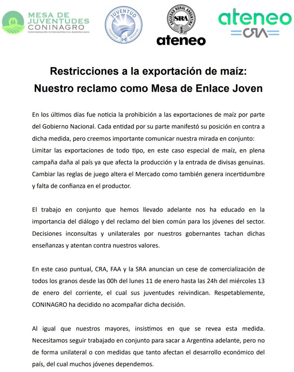Comunicado de la Mesa de Enlace Joven