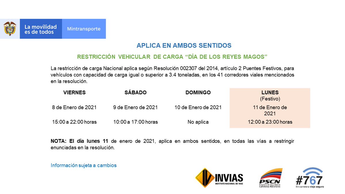 numeral767's tweet photo. ¡Buenas tardes!
A continuación la #RestricciónDeCarga para los días 08, 09, 10 y 11 de enero de 2021. 

Recuerda que esta información está sujeta a cambios. https://t.co/GbjMAVxhVM