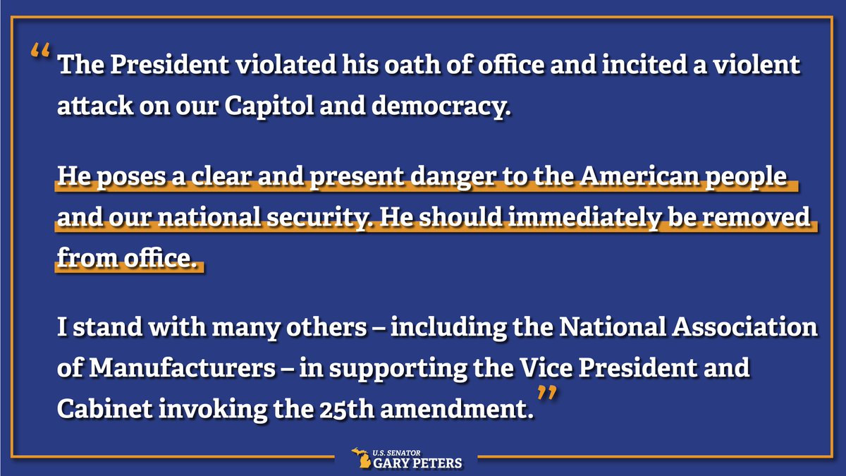 SenGaryPeters's tweet photo. My statement calling for President Trump to be removed from office. ⬇️ https://t.co/mmKVrXhpZr