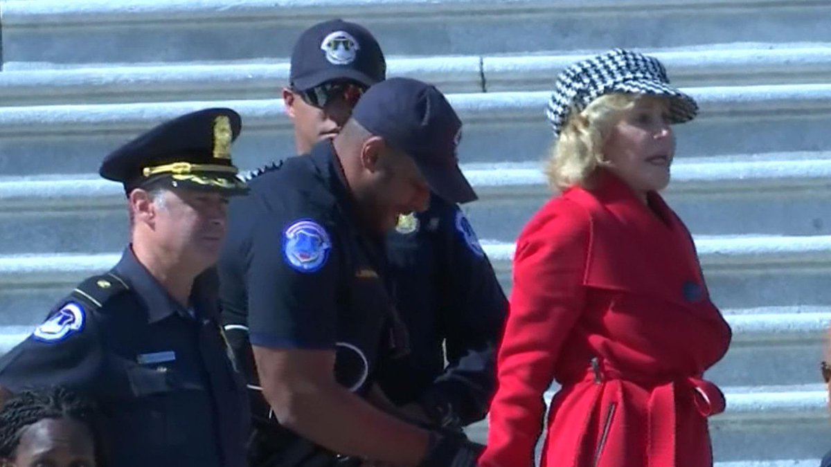 michaelschweitz's tweet photo. Thugs can break into the seat of American government, steal and pillage property and terrorize leaders and their staff and it will go on for hours and no arrests. But, an 83 year old peacefully protesting climate change inaction will be zip tied and hauled away ASAP @Janefonda https://t.co/bRb6zhMynp