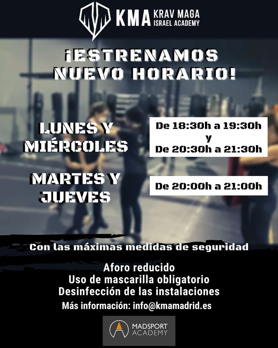kmamadrid's tweet photo. 🔥El nuevo año llega con novedades! Estrenamos nuevo horario! A partir del lunes 11 de enero, os esperamos en @madsportacademy 
👉🏻 LUNES y MIÉRCOLES de 18:30 a 19:30 y de 20:30 a 21:30
👉🏻 MARTES Y JUEVES de 20:00 a 21:00
Prueba una clase sin compromiso.ℹ️ info@kmamadrid.es. https://t.co/BIASHJJUZX