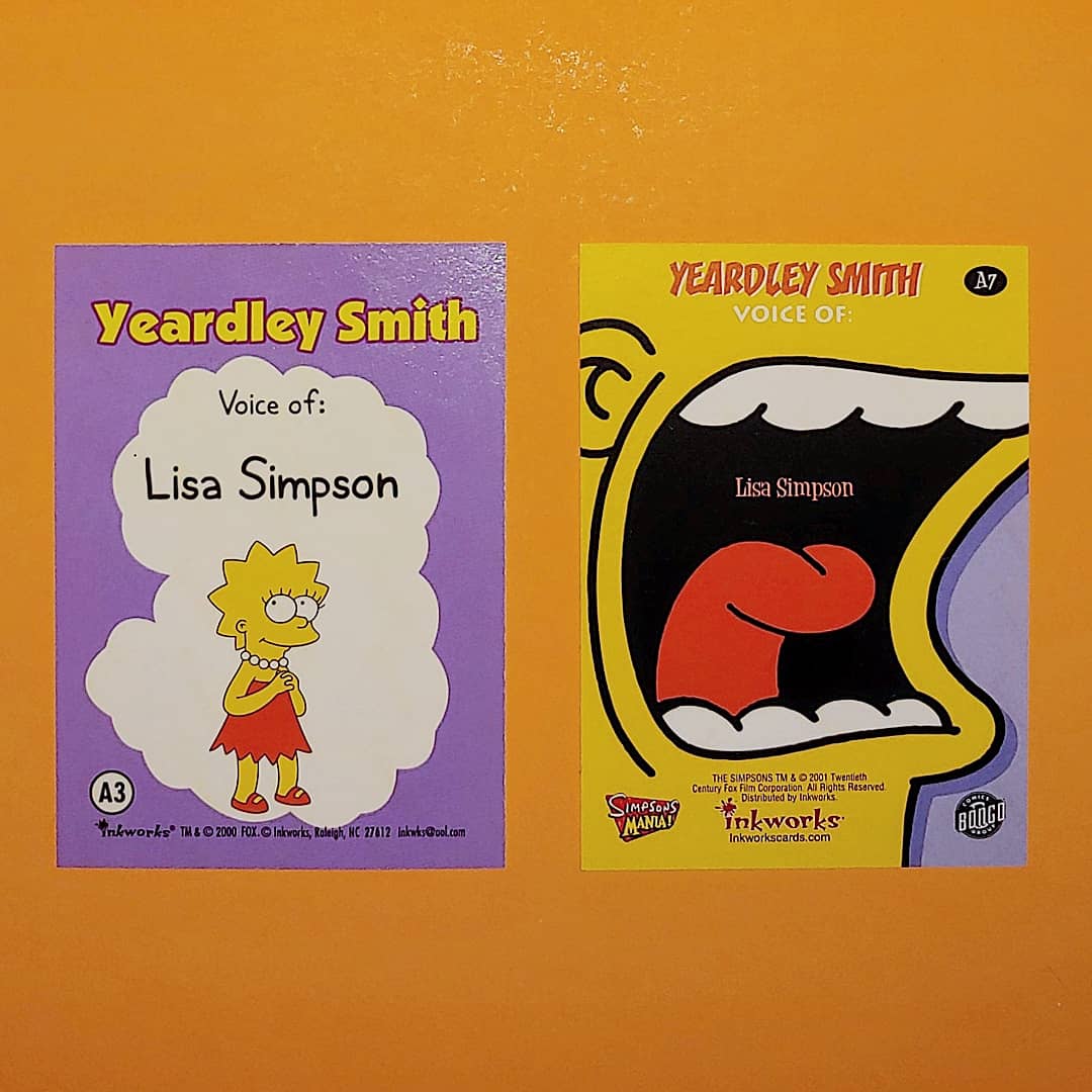 springfield_ont's tweet photo. So as it turns out, two of the coolest cards I own just happen to both be signed by Lisa Simpson herself, @YeardleySmith! #TheSimpsons  #lisasimpson #tradingcards #cardcollection #simpsonscollection https://t.co/DhwDWaP0zj