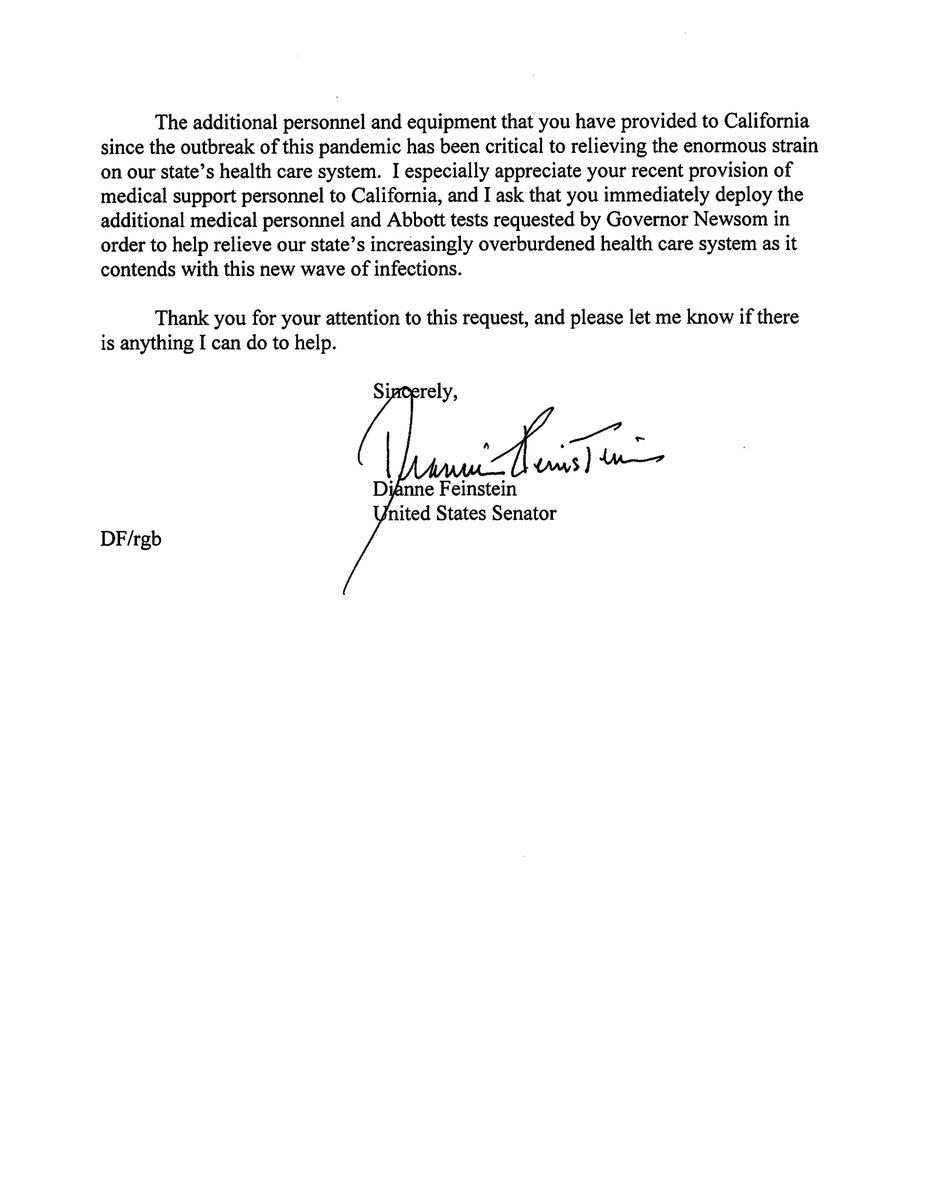 SenFeinstein's tweet photo. I’m calling on the federal government to immediately send the additional medical supplies @GavinNewsom has requested. We need more help in order to relieve our state’s increasingly overburdened health care system as it contends with this new wave of infections. https://t.co/XI6D5wCWf6