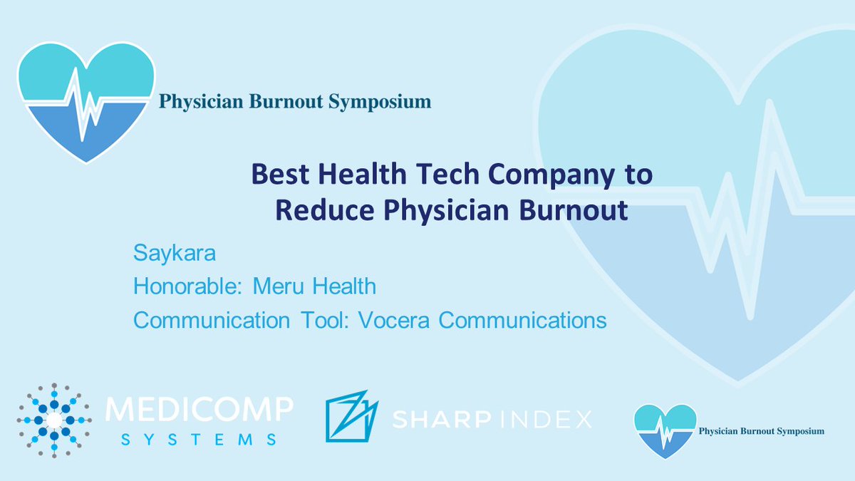 SharpIndex's tweet photo. Congratulations @SaykaraAI! Winner of #healthit company award to reduce #physicianburnout. @MedicompSys @SharpIndex @PhysBurnout https://t.co/eV2Bkn2ySw