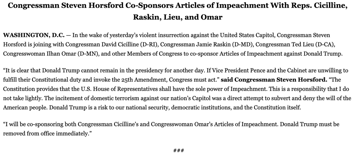 RepHorsford's tweet photo. I just signed on to Articles of Impeachment to impeach and remove President Trump from office.
Yesterday, President Trump incited domestic terrorists to launch an insurrection against our democracy. He is a danger to our country -- and he must go. https://t.co/zve8tNsqUX
