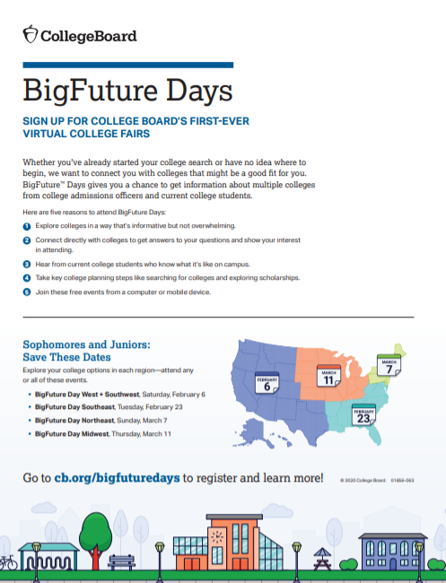 MWHSZONE's tweet photo. I am excited to share that College Board will launch its inaugural BigFuture Days, a regional series of virtual college fairs for sophomores and juniors to help connect them with hundreds of colleges.

Click below!

https://t.co/qBqS4KXnwY (Links to an external site.) https://t.co/naDwu2VXey