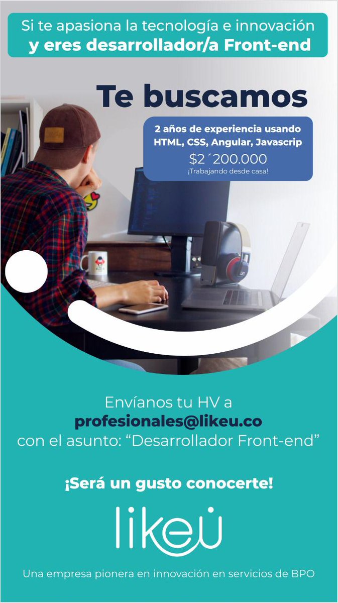 LikeUcolombia's tweet photo. Estamos buscando desarrollador Front-End para nuestro equipo de TI, trabajas desde casa.

Envíanos tu HV a profesionales@likeu.co

¡Será un gusto conocerte y que hagas parte de este equipo!

#desarrollador #frontend #tecnologia #trabajosihay https://t.co/28sZS7OqVb