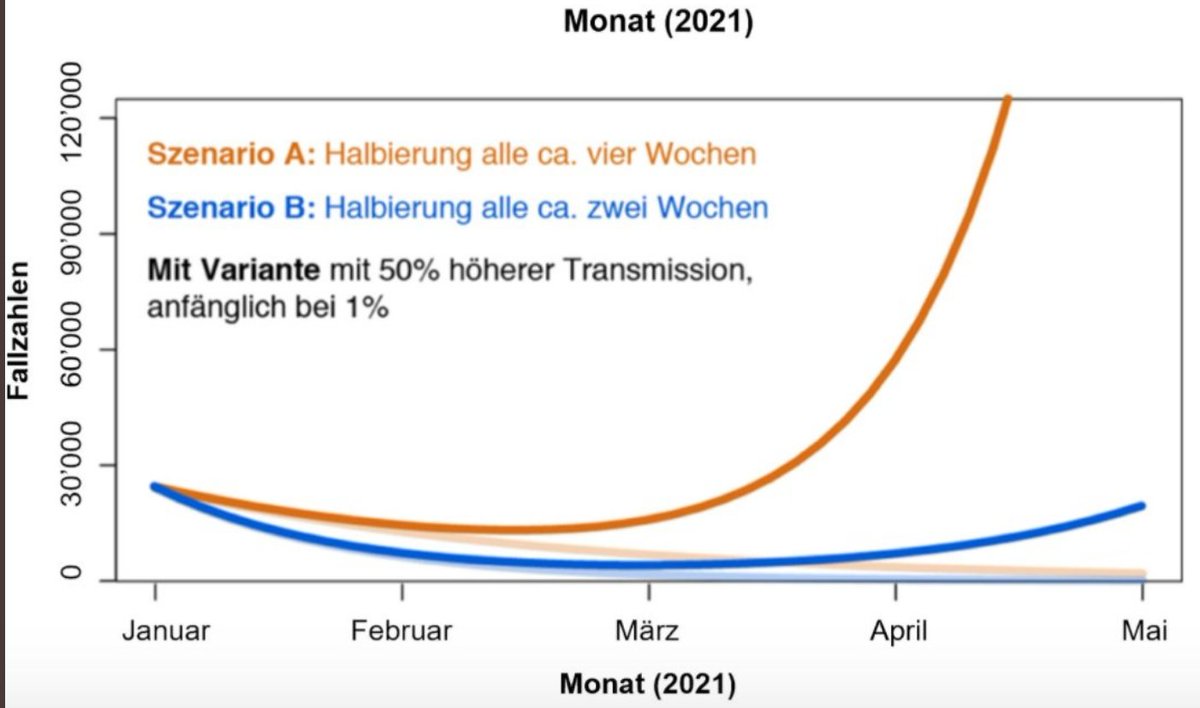 (7) Wenn wir aktuell von einem  #B117 Anteil von 1% für ausgehen ( 2,3%) würden wir mit Maßnahmen die den R-Wert jetzt auf 0,9 halten (orange Kurve) in ein Frühjahreshoch laufen, das nicht annähernd von unserem Gesundheitssystem kompensierbar wäre(blau 0,8  @Adriano_Mannino)