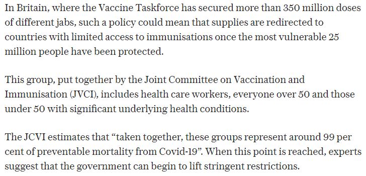 2. His argument is that we should focus on protecting the most vulnerable & healthcare workers first - everywhere - & it makes sense. The JCVI in the UK estimate that 99% of deaths could be avoided if we protect the 25m most vulnerable: