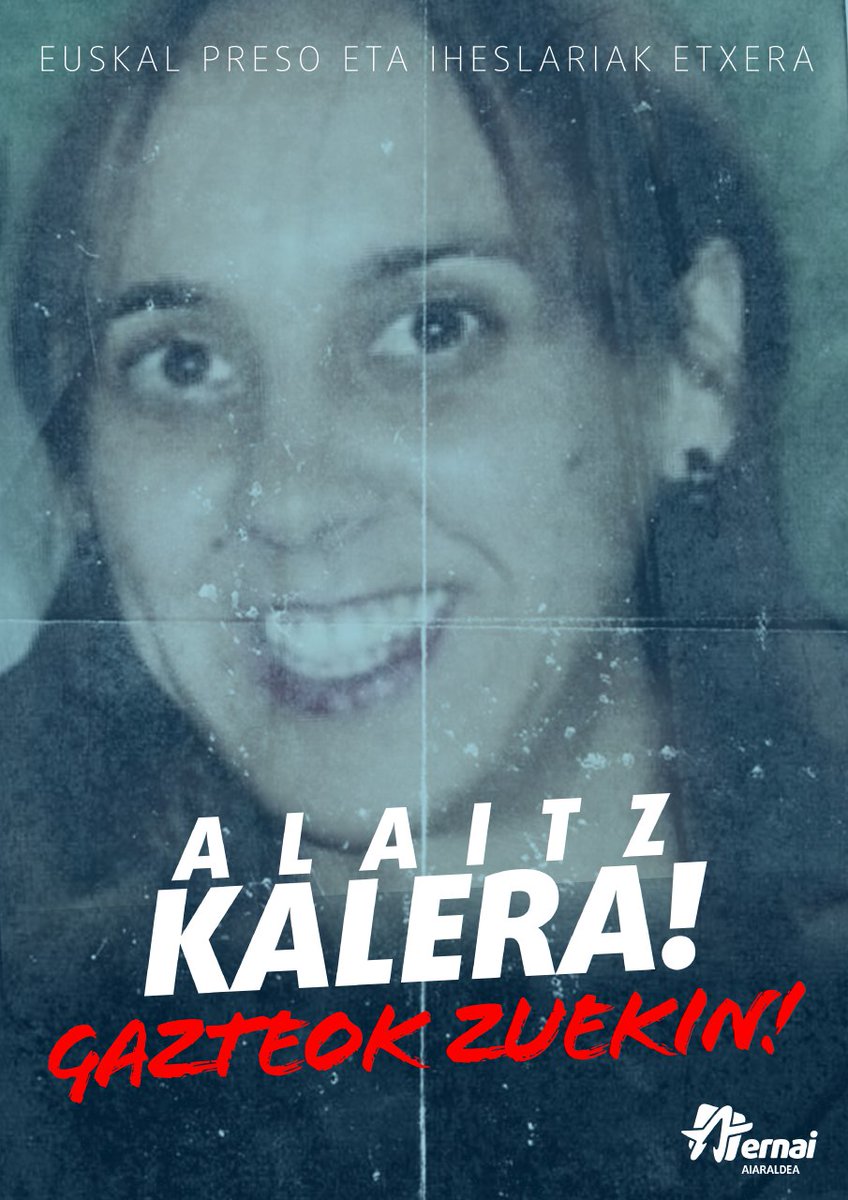 ErnaiAiaraldea's tweet photo. Alcalá Mecora eramango dute Alaitz Aramendi

13 urte Frantzian preso eman ostean, 40 urteko espetxe zigorrari egin beharko dio aurre! Euskal preso eta iheslariak etxera! ↗️❤️↙️

Maite zaitugu Alaitz! Aiaraldeko gazteak zurekin gaude!  Jo ta ke!
#GazteokZuekin https://t.co/0X4BD5TuXJ