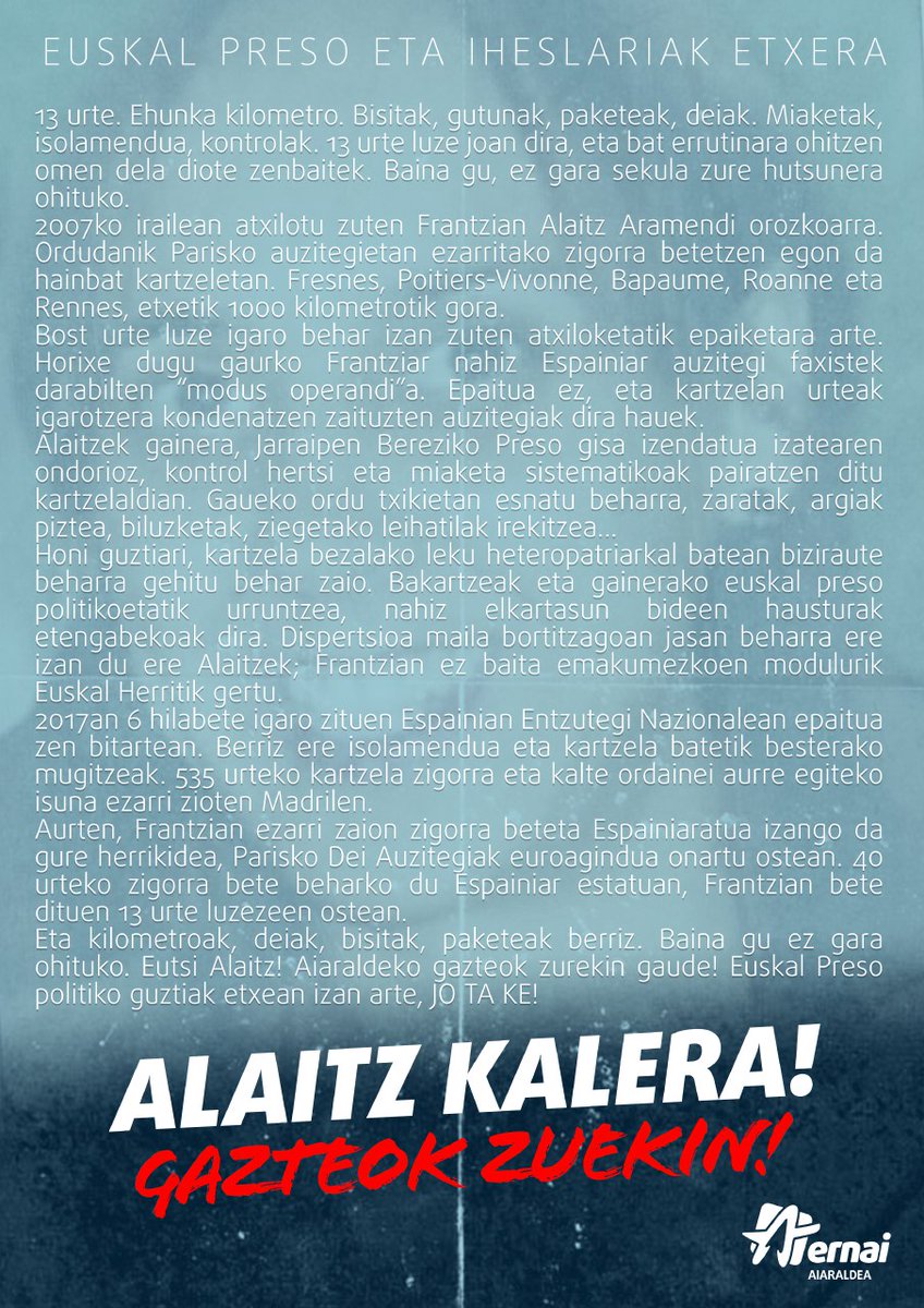 ErnaiAiaraldea's tweet photo. Alcalá Mecora eramango dute Alaitz Aramendi

13 urte Frantzian preso eman ostean, 40 urteko espetxe zigorrari egin beharko dio aurre! Euskal preso eta iheslariak etxera! ↗️❤️↙️

Maite zaitugu Alaitz! Aiaraldeko gazteak zurekin gaude!  Jo ta ke!
#GazteokZuekin https://t.co/0X4BD5TuXJ