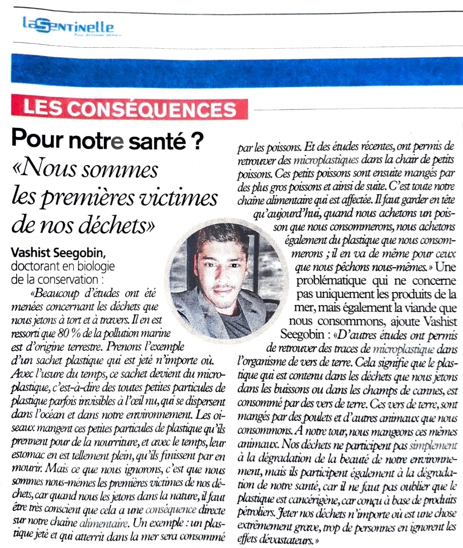 Interviewed by <a href="/lexpressmaurice/">l'express</a> newspaper about the environmental impact of plastic pollution and an insight on how it navigates back to humans. Have a read to learn more about it!