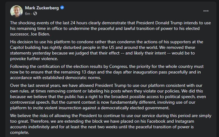 Woah...! Facebook just suspended  @realDonaldTrump’s Facebook and Instagram account...indefinitely! Zuck has spoken  https://www.facebook.com/4/posts/10112681480907401/?d=n