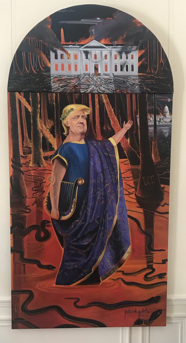 therealpsgordon's tweet photo. This is an oil painting 48 x 84 inches entitled “ TRUMP DRAINING THE SWAMP”. It was painted in 2017.                                 As artists we see things other people can’t and we have to paint what we sense, feel, and see. https://t.co/mDuHueBefs