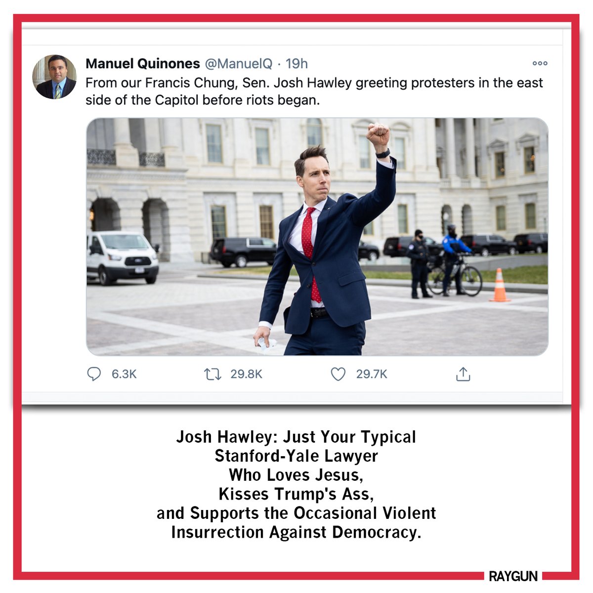 RAYGUNshirts's tweet photo. Josh Hawley: just your typical Stanford-Yale-educated lawyer who loves Jesus, kisses Trump's ass, and supports the occasional violent insurrection against democracy! 

Missouri's not sending its best. 

Proceeds go to defeating Josh Hawley. #raygun https://t.co/3nBZBuaijn https://t.co/MZj8qHdN4Q