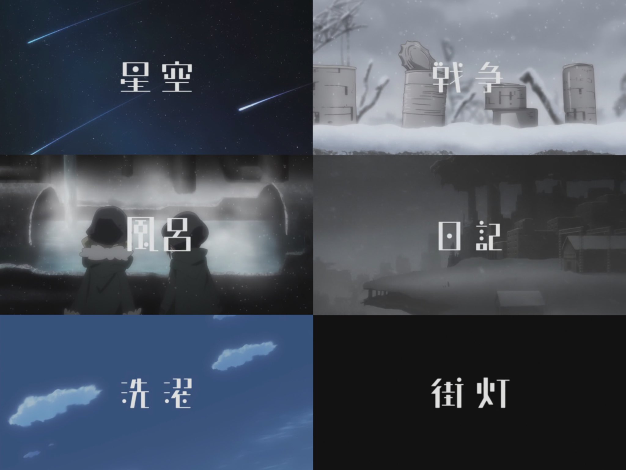 書体讃歌 深夜ですが フリーフォントの話が出たので一つご紹介を 17年にアニメ化された 少女終末旅行 っていう頗る雰囲気の良い作品があるんですが 各話のサブタイトルで使われたロゴタイプが絶妙な略し具合で素敵なんです T Co