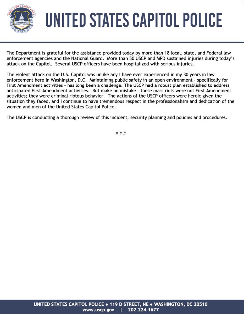 alexmoeflo's tweet photo. First statement from United States Capitol Police on riot in Capitol yesterday which ends saying: "The USCP is conducting a thorough review of this incident, security planning and policies and procedures." https://t.co/qn4IzY8I4N