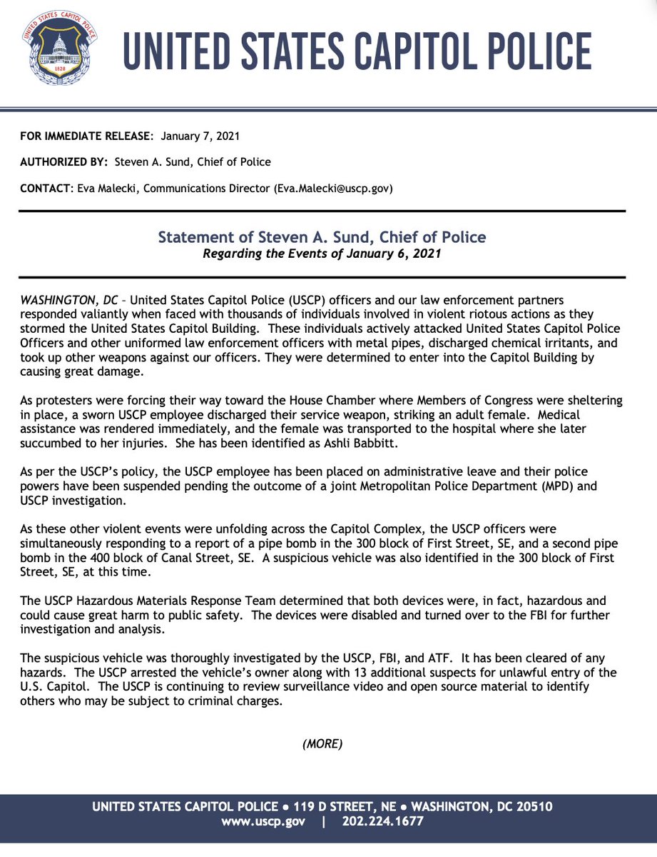 alexmoeflo's tweet photo. First statement from United States Capitol Police on riot in Capitol yesterday which ends saying: "The USCP is conducting a thorough review of this incident, security planning and policies and procedures." https://t.co/qn4IzY8I4N