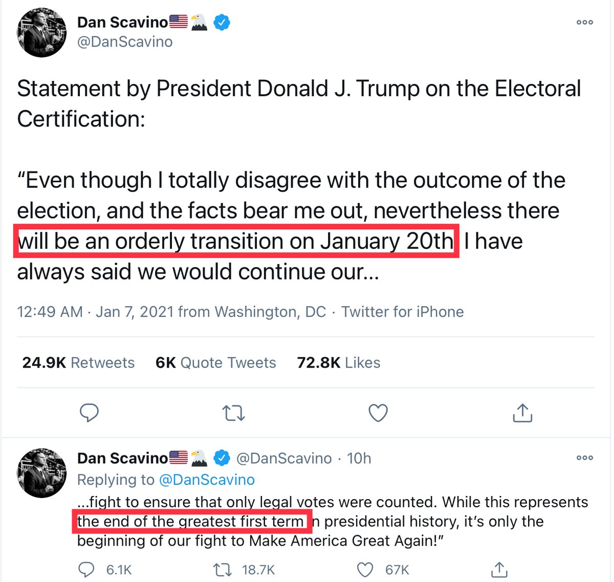 Make no mistake. This is not a concession. The night George Washington crossed the DE was not the end. It was only the beginning.It may have ’Appeared’ a battle last night was lost, but its the war that we are winning. Fear not....Son of the Republic.  https://twitter.com/DanScavino/status/1347103015493361664
