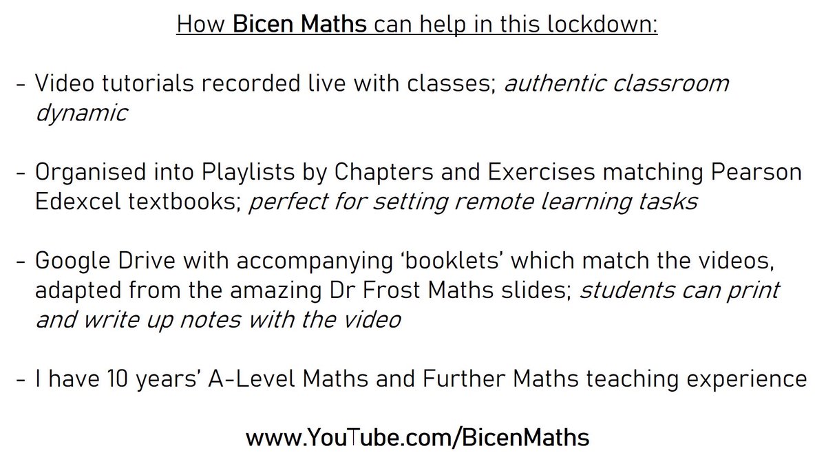 BicenMaths's tweet photo. https://t.co/L2l1zuiCb9 can help A-Level teachers with remote learning. Videos for nearly every chapter and exercise of Edexcel Maths and Further Maths, recorded live with my classes. Adapted from amazing @DrFrostMaths slides. Please RT to help others find it. Info ⬇️ (thread) https://t.co/vXcr1QF3KE