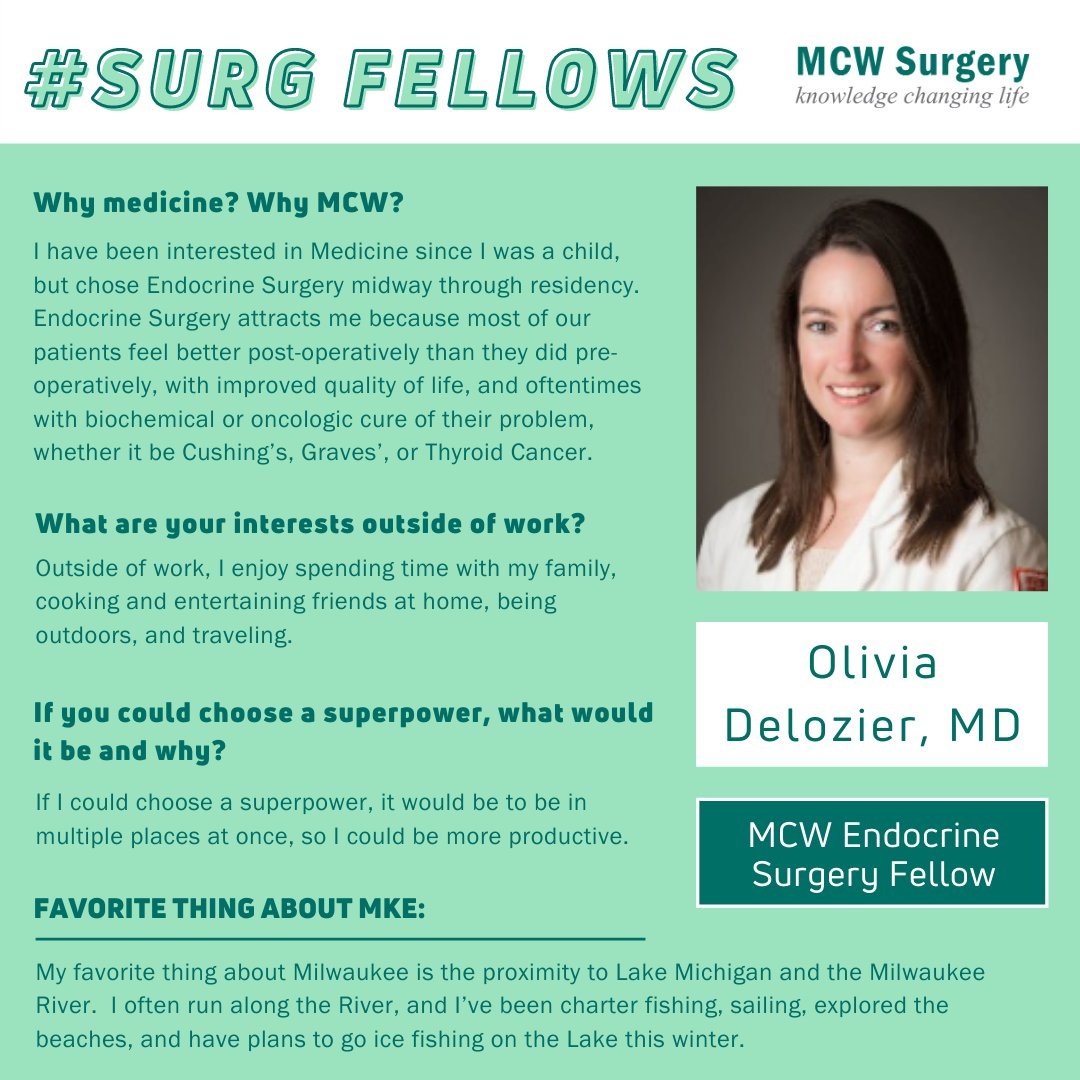 MCW Surgery (@mcwsurgery) on Twitter photo Our first #SurgFellows feature is <a href="/MCWEndoSurg/">MCW EndocrineSurgery</a> fellow Dr. Olivia Delozier! Outside of work, Olivia likes spending time w/ her loved ones and exploring the great outdoors. Her favorite thing about Milwaukee is its proximity Lake Michigan. #LeadingTheWay #WhyMCWSurgery <a href="/oliviamdmd/">Olivia DeLozier</a> Our first #SurgFellows feature is <a href="/MCWEndoSurg/">MCW EndocrineSurgery</a> fellow Dr. Olivia Delozier! Outside of work, Olivia likes spending time w/ her loved ones and exploring the great outdoors. Her favorite thing about Milwaukee is its proximity Lake Michigan. #LeadingTheWay #WhyMCWSurgery <a href="/oliviamdmd/">Olivia DeLozier</a>