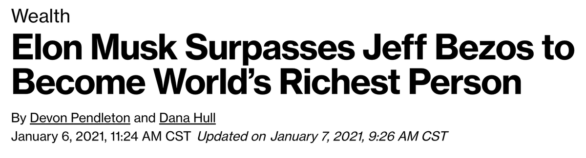 When I set out to write a bio on  @elonmusk, he was worth but a paltry few billion. Did not really think I'd end up writing about the richest person in the world because his companies were so risky