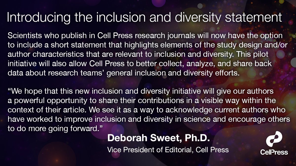 Cell Press is proud to announce the #inclusion and #diversity statement. To learn more, see our editorial in <a href="/cellcellpress/">Cell</a> hubs.ly/H0Dr6Zs0