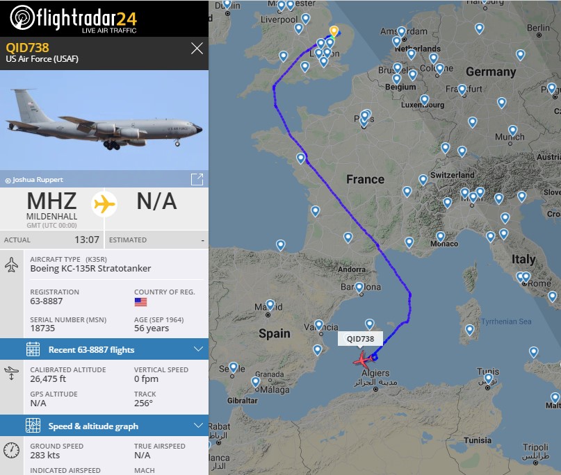 Laurent_Le_Bloa's tweet photo. #USAF bomber #B52 #GRIM21 ashore #Algeria coasts refuelled by 4 tankers #KC135 QID737 #QID738 #QID739 #QID743 from Mildenhall #UK
This morning bomber was spotted with #GRIM22 over #Jordania heading to Persian Gulf
@maleshov
@ItaMilRadar https://t.co/R3ubBKcRn4