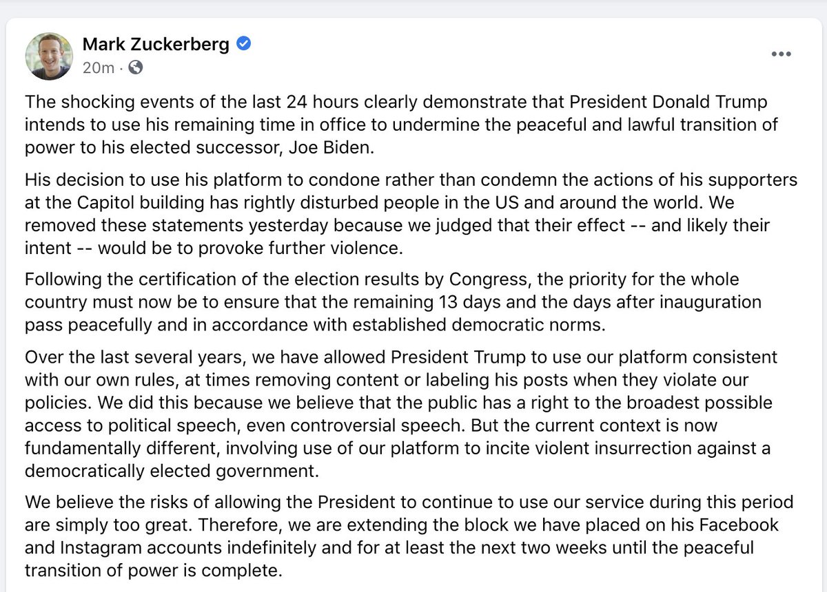 ajplus's tweet photo. BREAKING: Facebook says it will ban President Trump from its platforms "indefinitely."

Trump has used the platform to spread misinformation for the last 4 years. The ban will last for "at least the next two weeks." https://t.co/3unKirZp5H