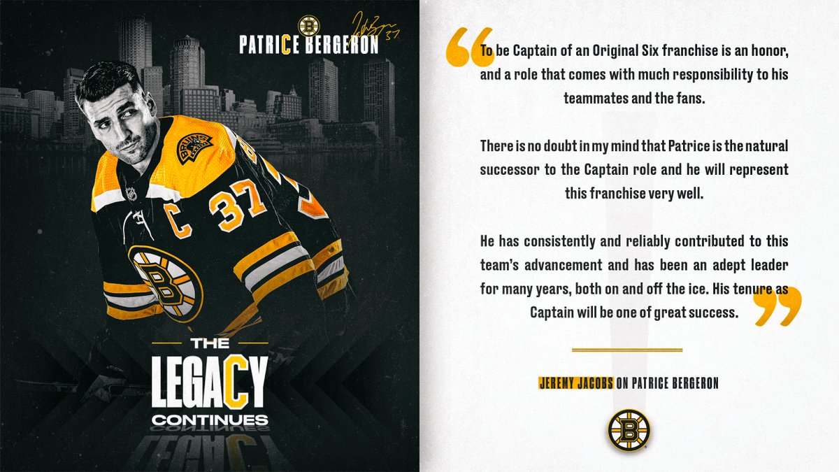 NHLBruins's tweet photo. Patrice Bergeron exudes leadership, character, talent, will and empathy. #NHLBruins https://t.co/MMk4KNSQP2