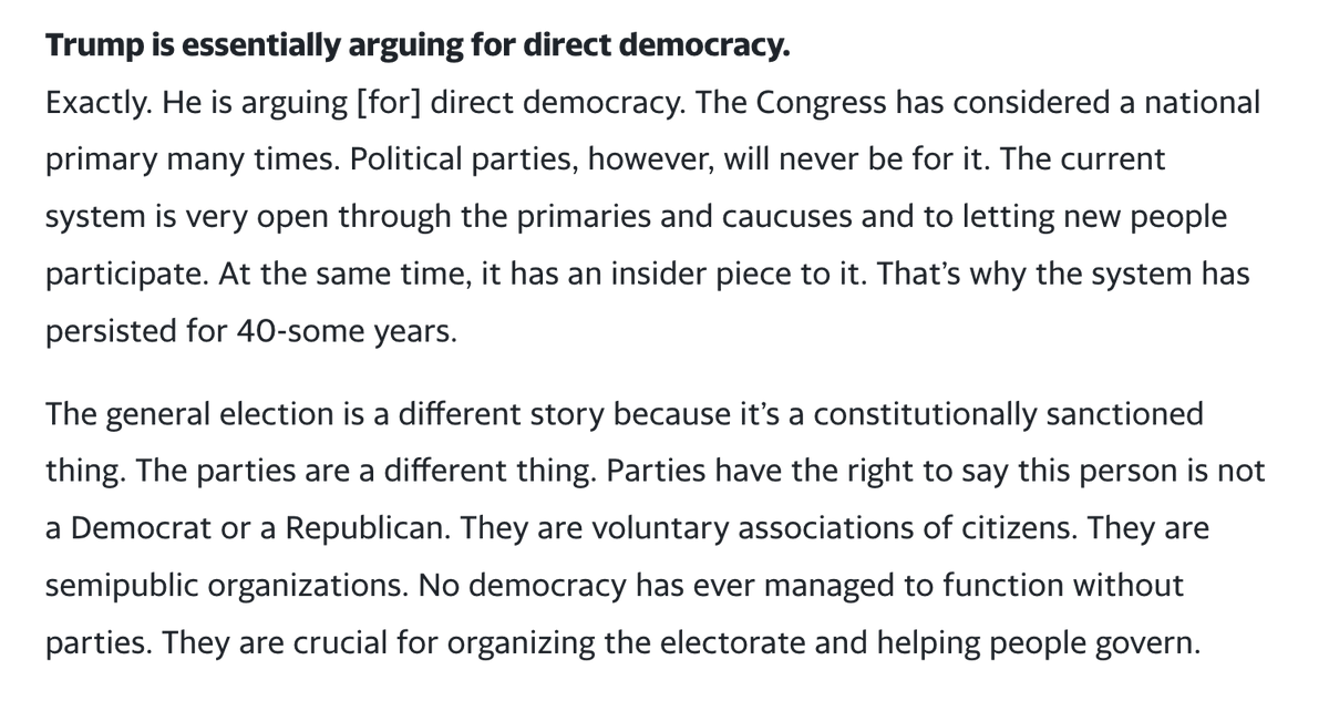 4/8/16 - "Parties have the right to say this person is not a Democrat or a Republican ... No other democracy in the world nominates its candidates in primaries. All the parliamentary democracies have party conferences and they have lists." https://www.yahoo.com/news/party-primaries-are-not-public-decisions-rules-154558765.html