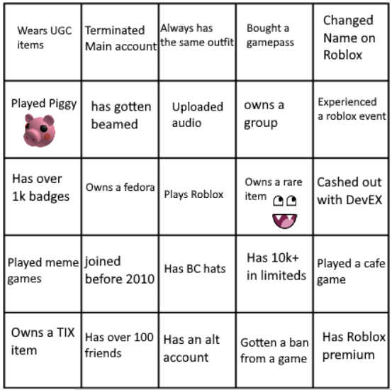 Free Robux Bingo Card