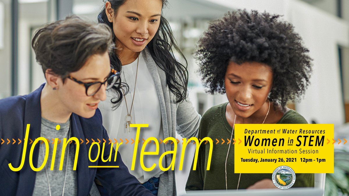 CA_DWR's tweet photo. Join us on 1/26 from 12 p.m. to 1 p.m. to virtually meet some of our women STEM professionals and learn why they chose DWR. 
To register, sign up on Eventbrite: https://t.co/XsFyifZmPh

#stemcareers #womeninscience https://t.co/SC4XbkjkxR