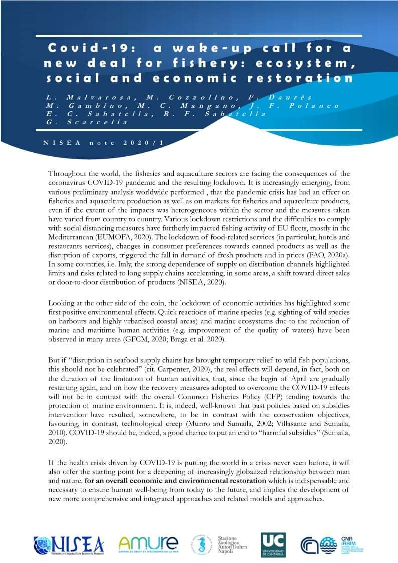 #Covid19 #European #fisheries <a href="/FAOnews/">FAO Newsroom</a> 
<a href="/EFCA_EU/">European Fisheries Control Agency</a> 
<a href="/EP_Fisheries/">PECH Committee Press</a>  
<a href="/UN_FAO_GFCM/">General Fisheries Commission for the Mediterranean</a>
 
C o v i d - 1 9 : a w a k e - u p c a l l f o r  a  n e w  d e a l 
f o r  f i s h e r y : e c o s y s t e m , s o c i a l a n d 
e c o n o m i c r e s t o r a t i o n
nisea.eu/dir/wp-content…
