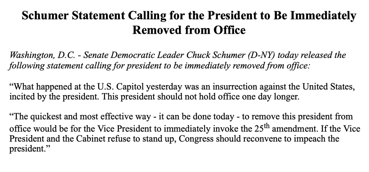 alizaslav's tweet photo. Schumer calls for the removal of Trump by invoking the 25th amendment. And added "If the Vice President and the Cabinet refuse to stand up, Congress should reconvene to impeach the president.” https://t.co/nkU2abtIbW