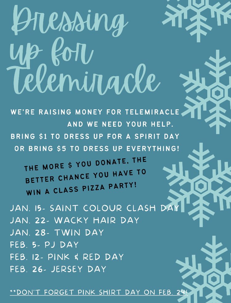 we_areallsaints's tweet image. Check out our upcoming spirit days @we_areallsaints !!! We are raising money for Telemiracle.  Top funds raised from grades k-2, 3-5, &amp;amp; 6-8 will win a class pizza party! 🎉🍕#telemiracle