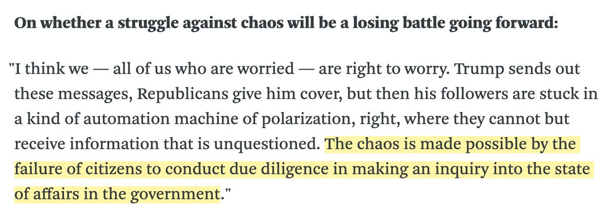 It is impossible, I think, to blame the chaos on "the failure of citizens to conduct due diligence" without recognizing the degree to which the traditional tools of such "due diligence" have become corrupted. https://www.wbur.org/news/2021/01/07/jill-lepore-capitol-insurrection-historical-context1/x
