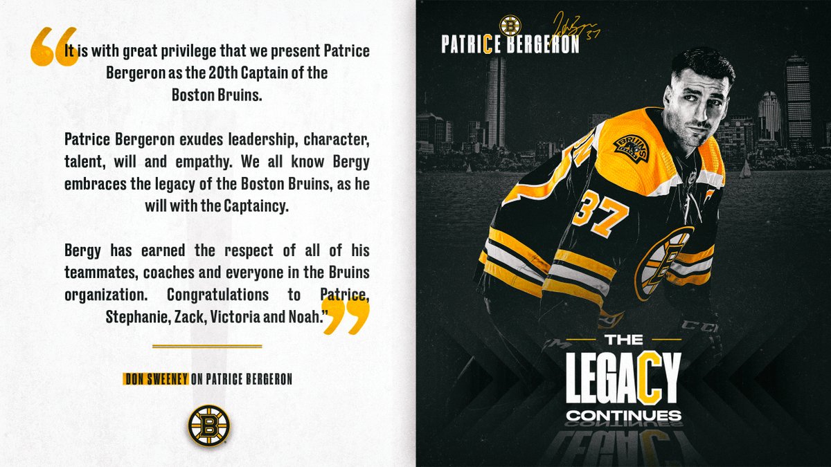 NHLBruins's tweet photo. Patrice Bergeron exudes leadership, character, talent, will and empathy. #NHLBruins https://t.co/MMk4KNSQP2